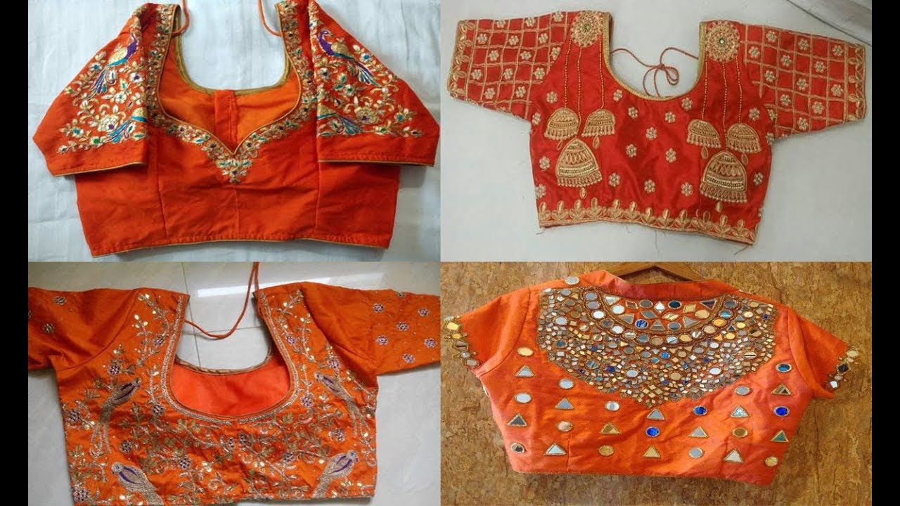 photo Blue And Orange Combination Blouse Designs