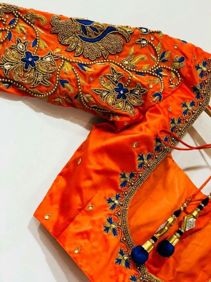 pix Blue And Orange Combination Blouse Designs