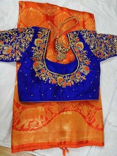 pix Blue And Orange Combination Blouse Designs