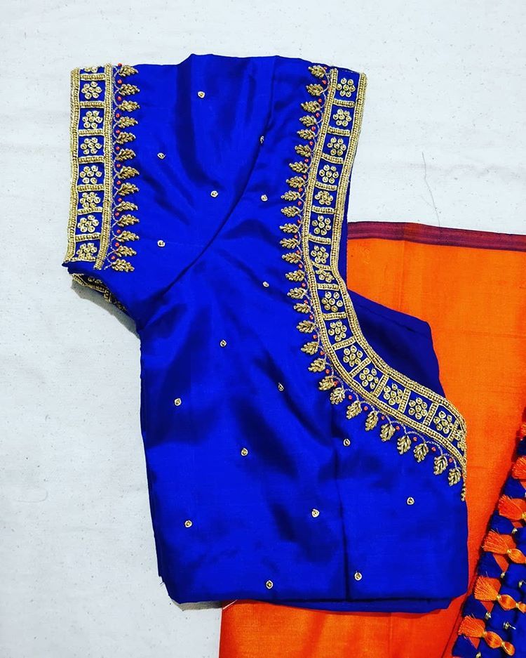 pics Blue And Orange Combination Blouse Designs