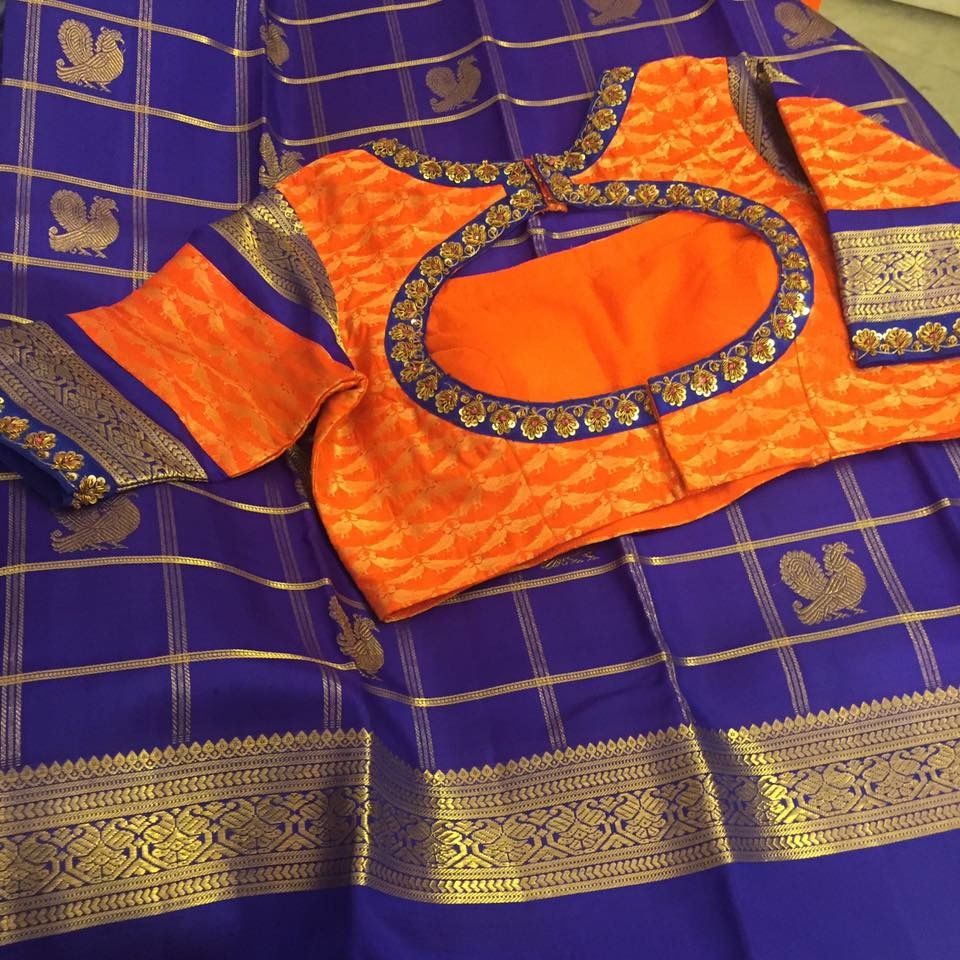 picture Blue And Orange Combination Blouse Designs