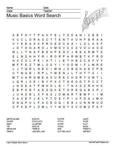 pic Elementary Music Word Search