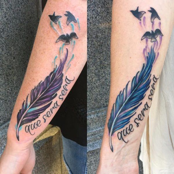 pix Feather And Bird Tattoo On Forearm