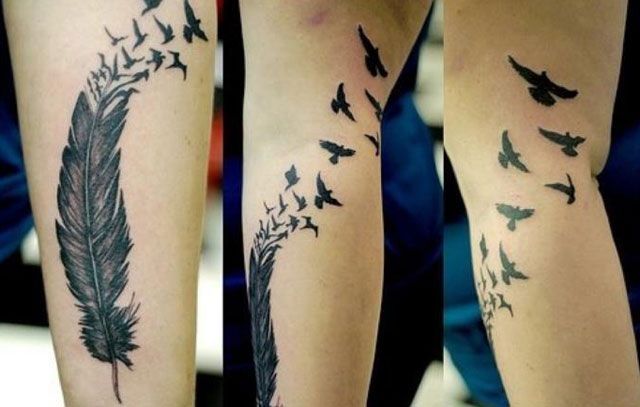 photo Feather And Bird Tattoo On Forearm