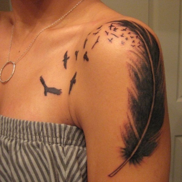 pics Shoulder Feather And Bird Tattoo