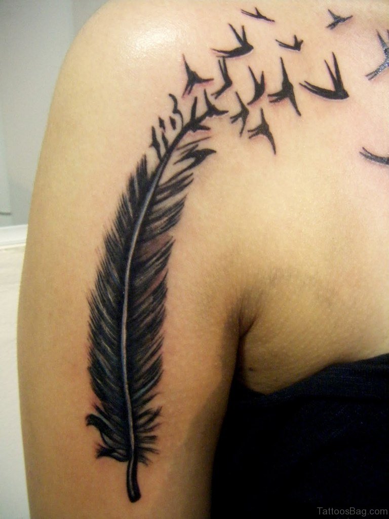 picture Shoulder Feather And Bird Tattoo