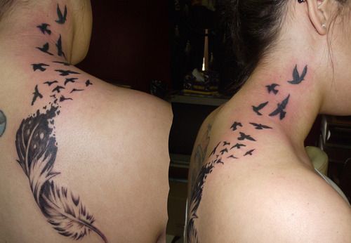 pic Shoulder Feather And Bird Tattoo